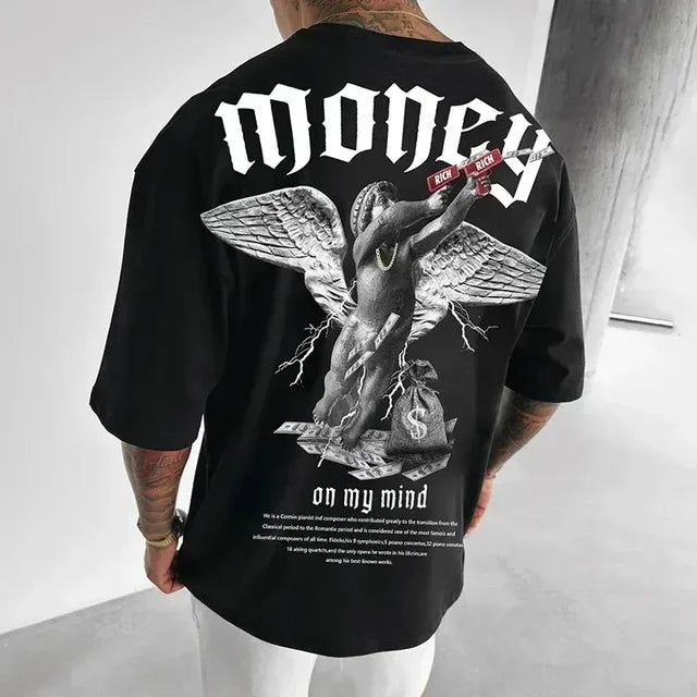 Oxvyn Money On My Mind T-Shirt in black, streetwear graphic tee, front view