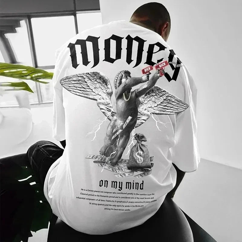 Oxvyn Money On My Mind T-Shirt in white, streetwear graphic tee, front view