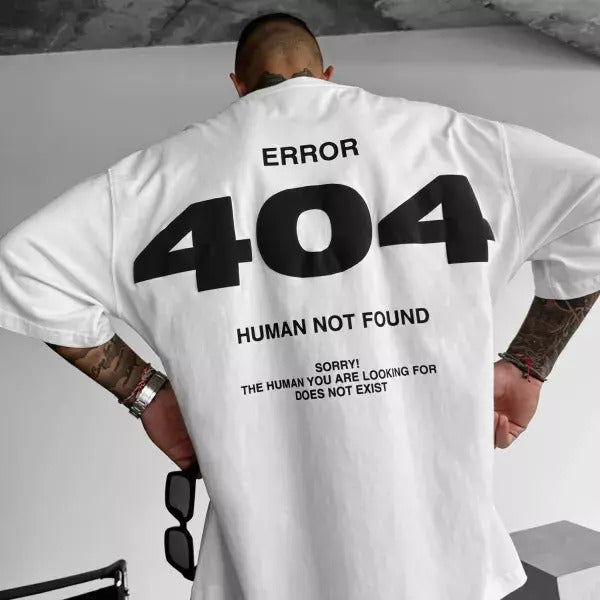 Close-up of Oxvyn Oversized ERROR 404 T-Shirt in white, graphic print detail, streetwear tee