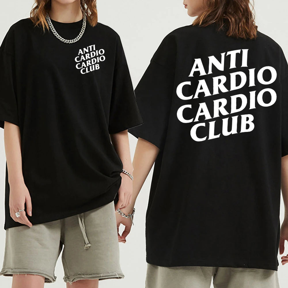 Close-up of Oxvyn Unisex Anti Cardio Club T-Shirt in black, graphic print detail, funny streetwear tee