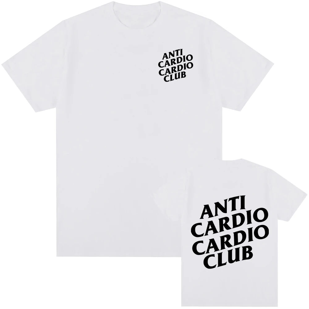 Oxvyn Unisex Anti Cardio Club T-Shirt in white, funny graphic tee, front view